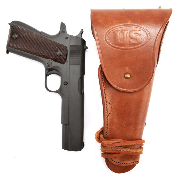 thumbnail image 2 of Reproduction WWII US M1916 Colt 1911 .45 Leather Holster - Dark Brown With White Lanyard, Right Hand 2 of 4