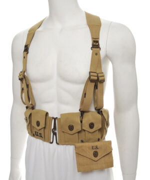 M1923 Garand Cartridge Belt, M1936 Suspenders and M1942 First Aid Pouch Khaki Marked JT&L 1942