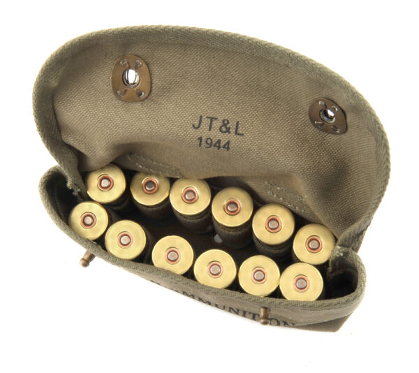 US WW2 Canvas Shotgun Shell Ammunition Pouch Marked JT&L® 1944-D. OD