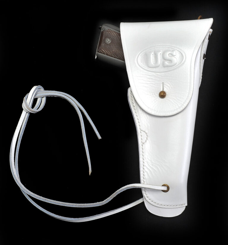 thumbnail image 2 of Reproduction WWII US M1916 Colt 1911 .45 Leather Holster - Dark Brown With White Lanyard, Right Hand 2 of 4