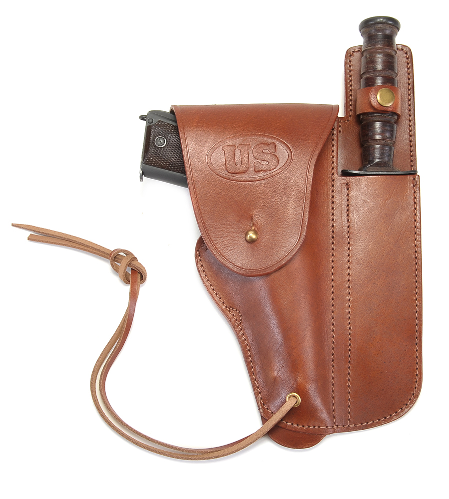 thumbnail image 2 of Reproduction WWII US M1916 Colt 1911 .45 Leather Holster - Dark Brown With White Lanyard, Right Hand 2 of 4
