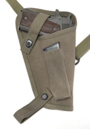US WW2 M3 OD Canvas Colt 1911 .45 Tanker Shoulder Holster with Magazine Pouch Marked JT&L