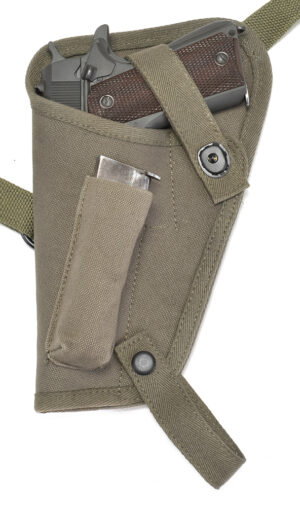 US WW2 M3 OD Canvas Colt 1911 .45 Tanker Shoulder Holster with Magazine Pouch Marked JT&L Left Hand